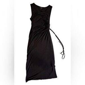 Black Ribbed Side Tie Midi Dress | large | Goldray
